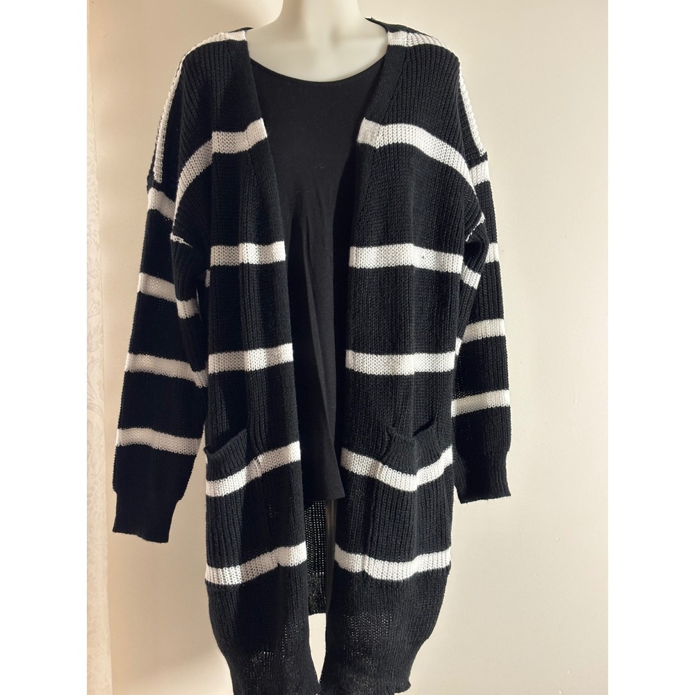 CURVE Black White Stripe Longline Open Front Cardigan Sweater Women's 0XL